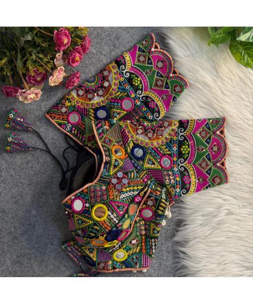 Navratri Wear Mirror Work Readymade Blouse - Neck Style: V-neck