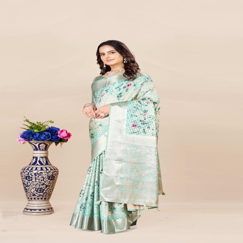 Floral Printed Zari Woven Design Saree