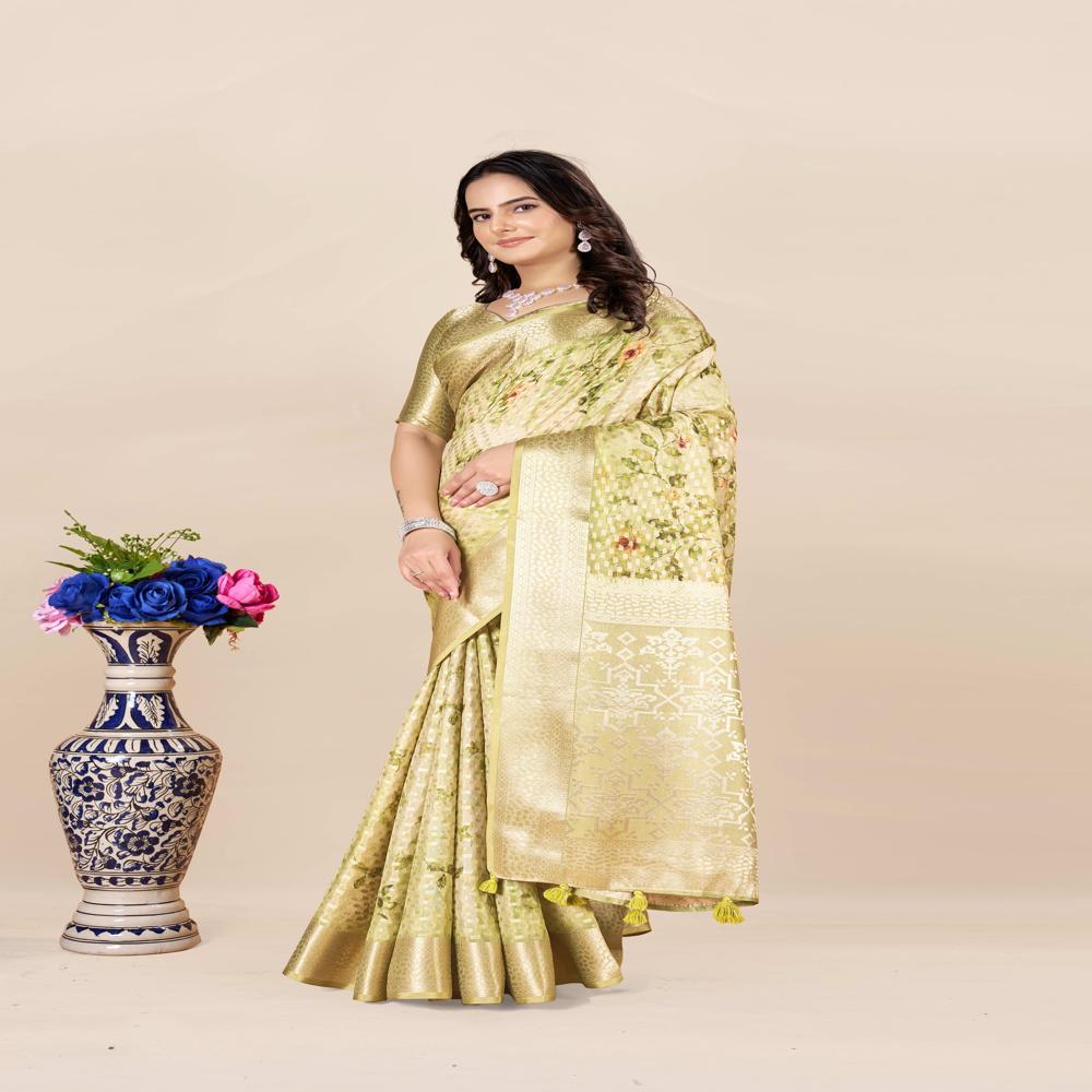Floral Zari Art Silk Saree - Art Silk Fabric, 5.5m + 0.8m Blouse Piece, Green With Digital Patola-inspired Floral Print, Opaque Zari Work