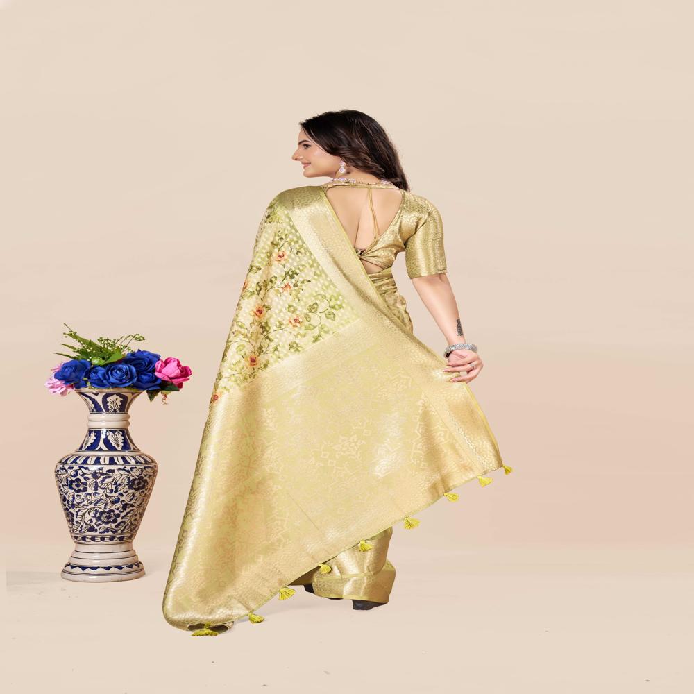 Floral Zari Art Silk Saree - Art Silk Fabric, 5.5m + 0.8m Blouse Piece, Green With Digital Patola-inspired Floral Print, Opaque Zari Work