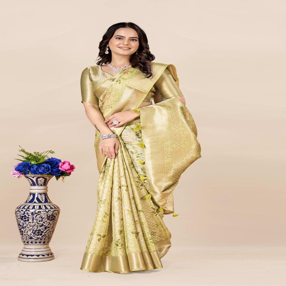 Floral Zari Art Silk Saree - Art Silk Fabric, 5.5m + 0.8m Blouse Piece, Green With Digital Patola-inspired Floral Print, Opaque Zari Work