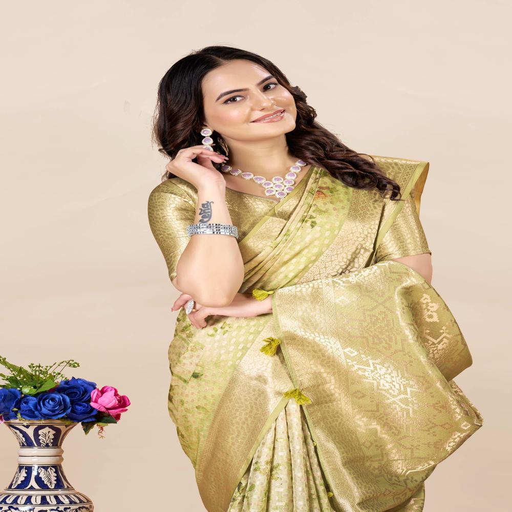 Floral Zari Art Silk Saree - Art Silk Fabric, 5.5m + 0.8m Blouse Piece, Green With Digital Patola-inspired Floral Print, Opaque Zari Work