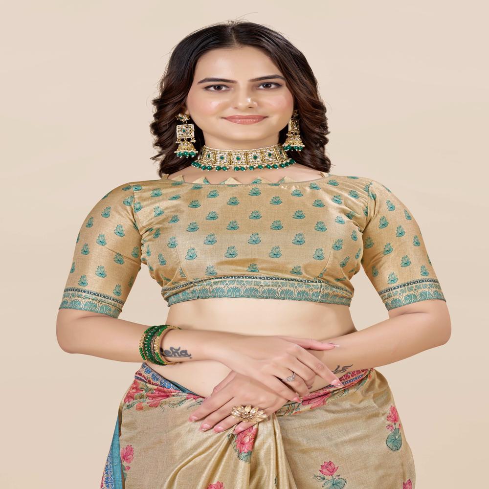 Floral Zari Art Silk Saree - Art Silk, Length: 5.5 Metres + 0.8 Metre Blouse Piece, Width: 1.06 Metres, Blue | All-over Floral Print With Zari Work, Modern Style