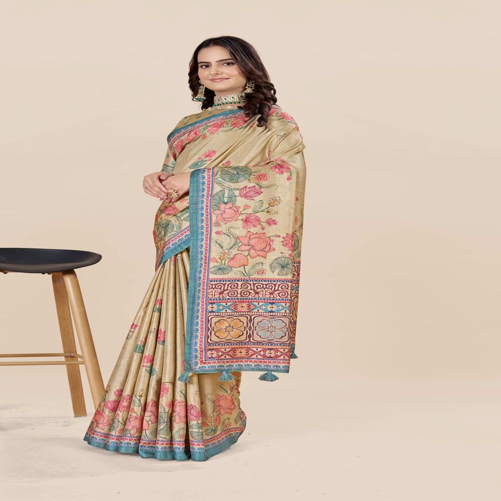 Floral Zari Art Silk Saree - Art Silk, Length: 5.5 Metres + 0.8 Metre Blouse Piece, Width: 1.06 Metres, Blue | All-over Floral Print With Zari Work, Modern Style