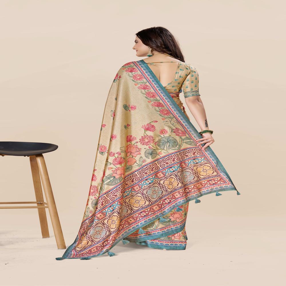 Floral Zari Art Silk Saree - Art Silk, Length: 5.5 Metres + 0.8 Metre Blouse Piece, Width: 1.06 Metres, Blue | All-over Floral Print With Zari Work, Modern Style