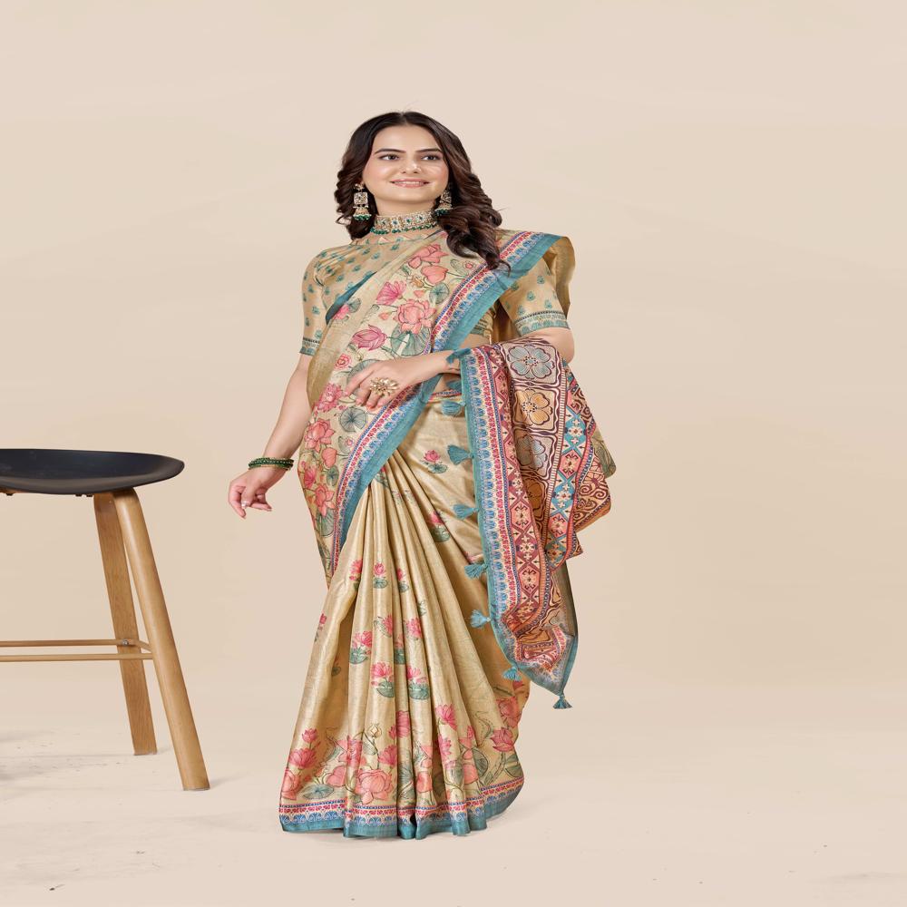 Floral Zari Art Silk Saree - Art Silk, Length: 5.5 Metres + 0.8 Metre Blouse Piece, Width: 1.06 Metres, Blue | All-over Floral Print With Zari Work, Modern Style