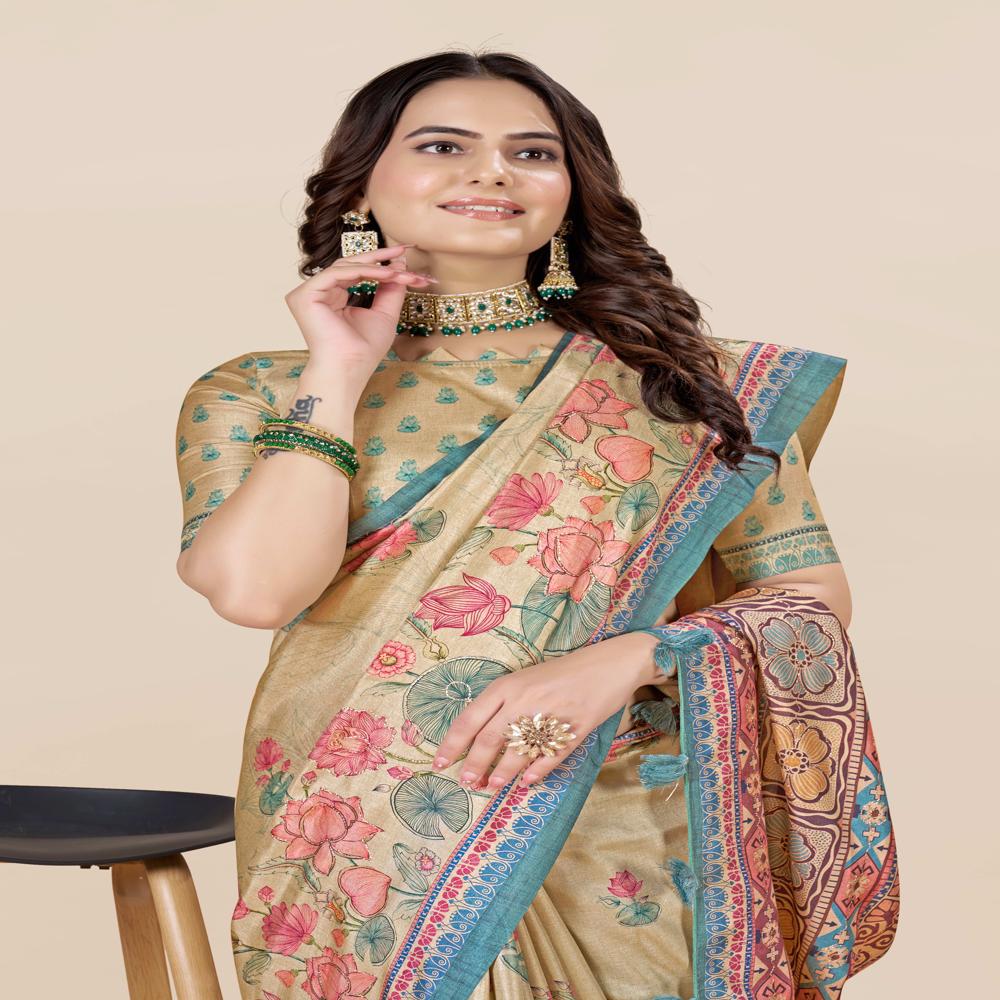 Floral Zari Art Silk Saree - Art Silk, Length: 5.5 Metres + 0.8 Metre Blouse Piece, Width: 1.06 Metres, Blue | All-over Floral Print With Zari Work, Modern Style