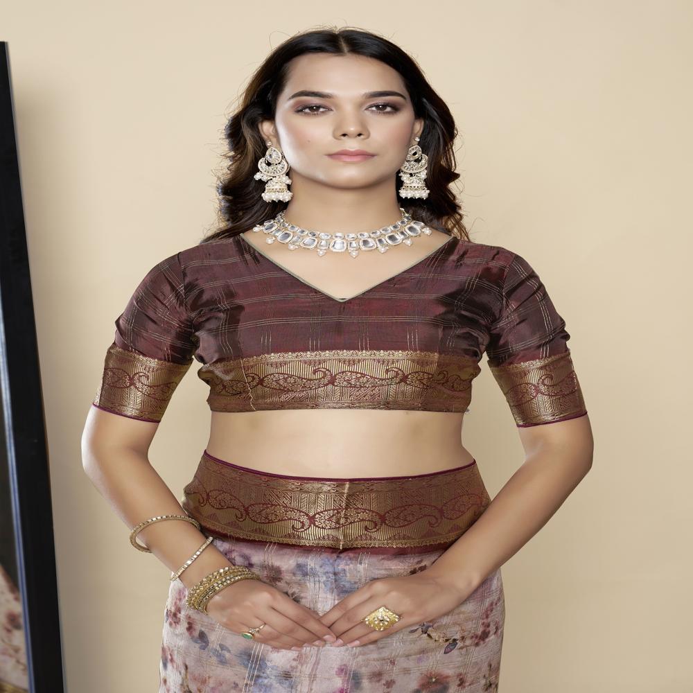 Brown And White Floral Zari Saree