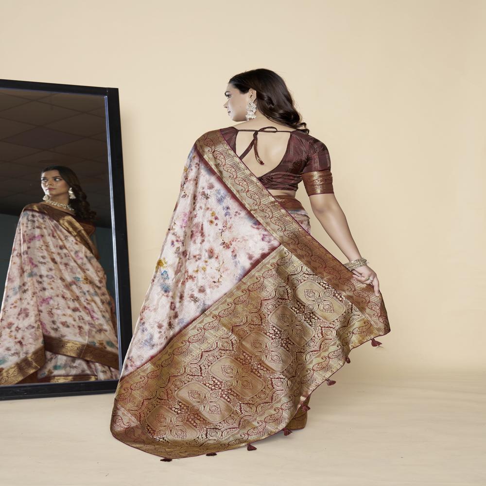 Brown And White Floral Zari Saree