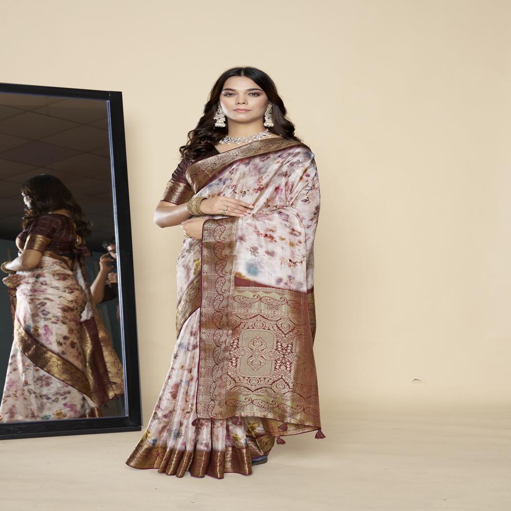 Brown And White Floral Zari Saree