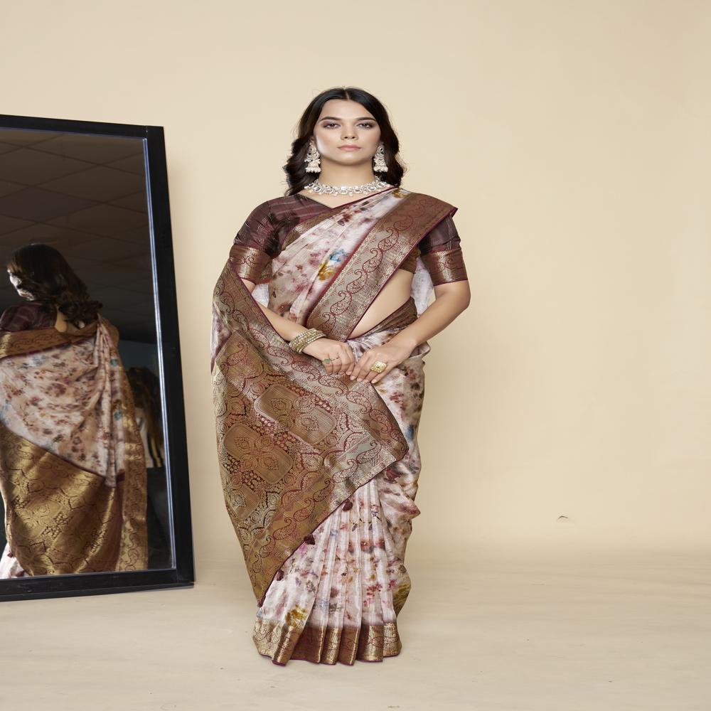 Brown And White Floral Zari Saree