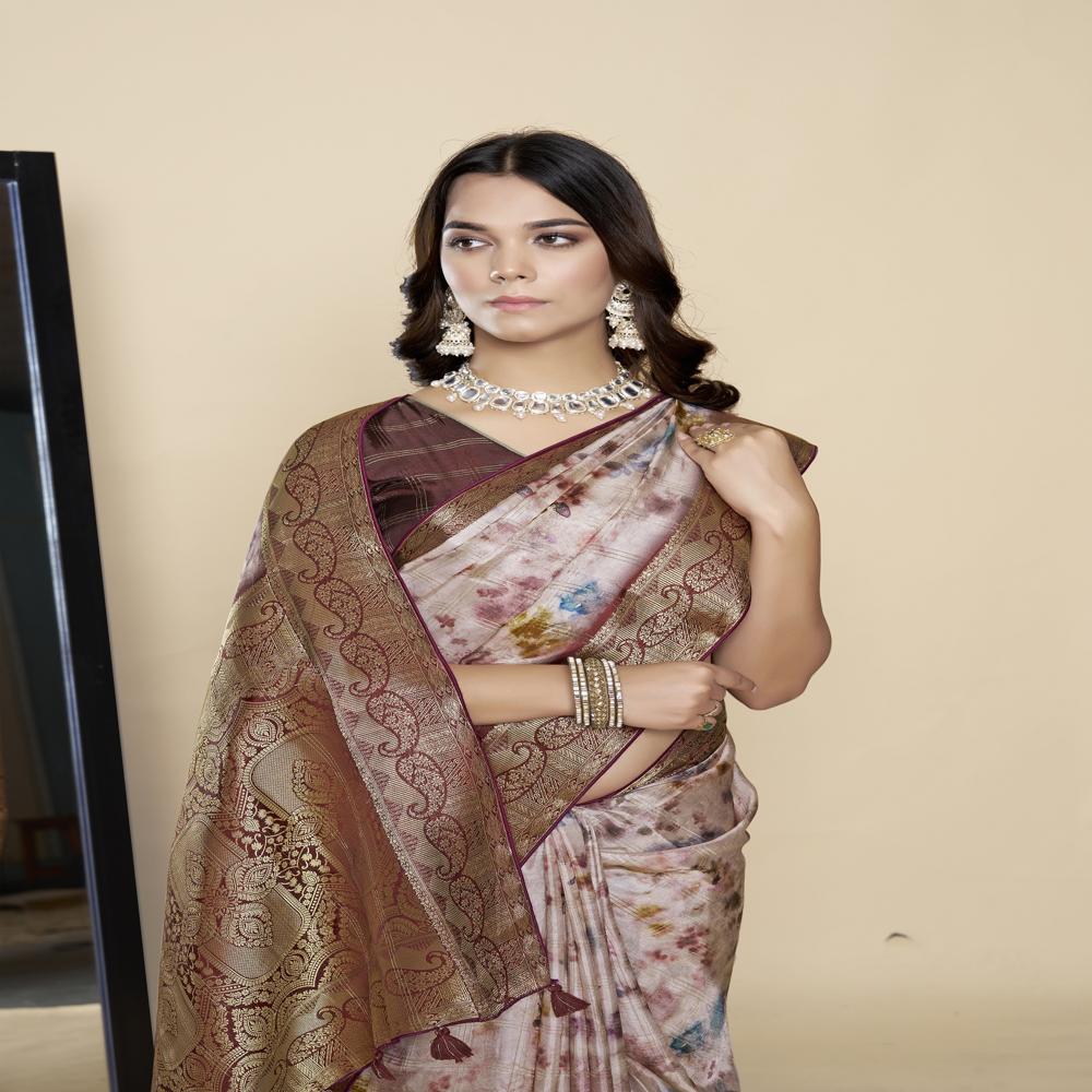 Brown And White Floral Zari Saree