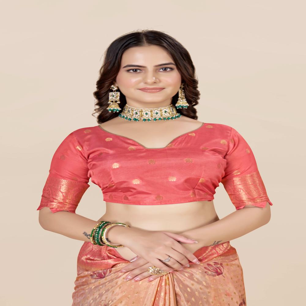 Floral Zari Art Silk Tussar Saree - Art Silk Tussar, Length: 5.5m + 0.8m Blouse, Width: 1.06m, Color: Red | Trendy Floral Print, Zari Work, Modern Ethnic Style