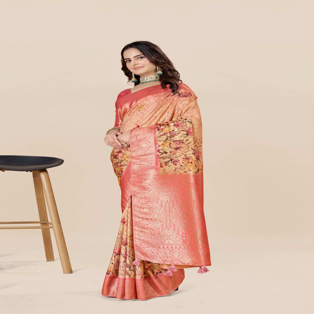 Floral Zari Art Silk Tussar Saree - Art Silk Tussar, Length: 5.5m + 0.8m Blouse, Width: 1.06m, Color: Red | Trendy Floral Print, Zari Work, Modern Ethnic Style