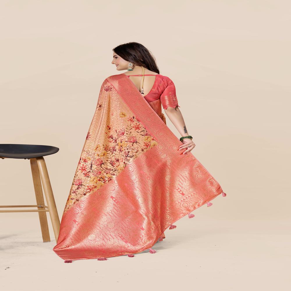 Floral Zari Art Silk Tussar Saree - Art Silk Tussar, Length: 5.5m + 0.8m Blouse, Width: 1.06m, Color: Red | Trendy Floral Print, Zari Work, Modern Ethnic Style
