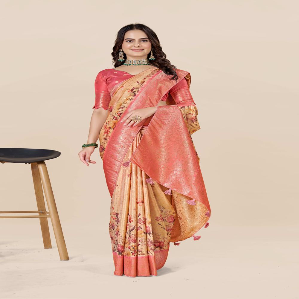 Floral Zari Art Silk Tussar Saree - Art Silk Tussar, Length: 5.5m + 0.8m Blouse, Width: 1.06m, Color: Red | Trendy Floral Print, Zari Work, Modern Ethnic Style