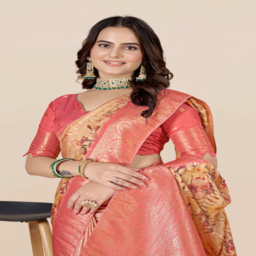 Floral Zari Art Silk Tussar Saree - Art Silk Tussar, Length: 5.5m + 0.8m Blouse, Width: 1.06m, Color: Red | Trendy Floral Print, Zari Work, Modern Ethnic Style