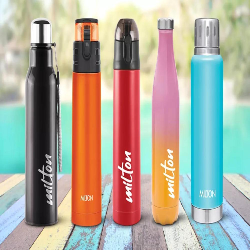Milton Bottle - Stainless Steel 1.05 Litre, 8.4 X 8.4 X 30 Cms, Black | Double Walled Vacuum Insulated, Inner Copper Coating, Hassle-free Pouring