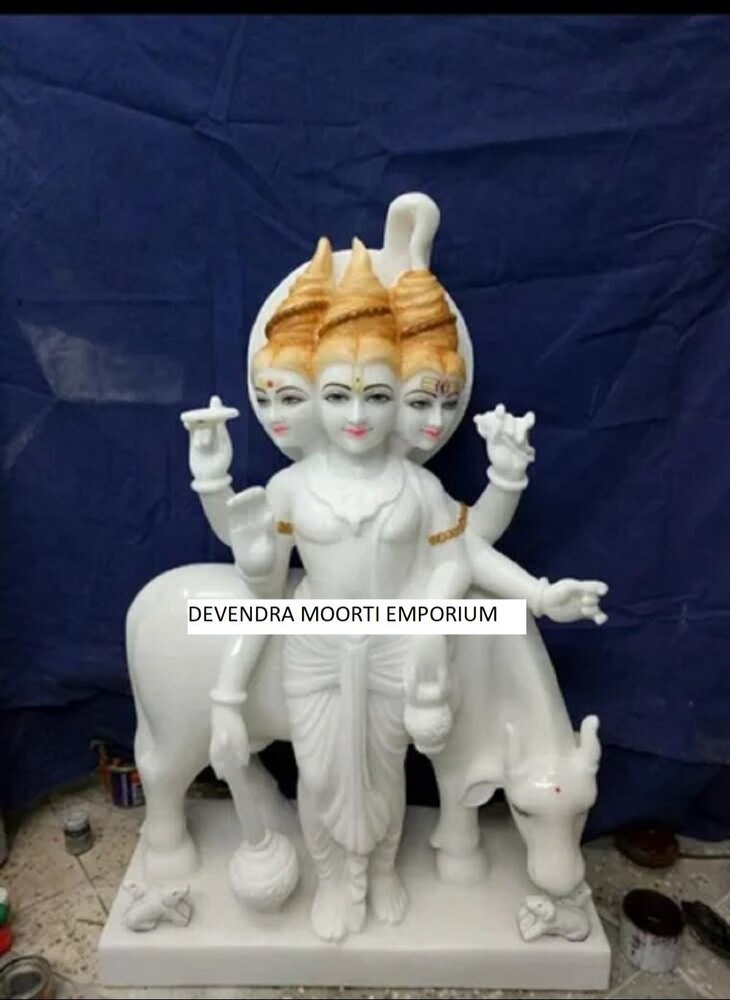 Polished Marble Dattatreya Statue - Color: White