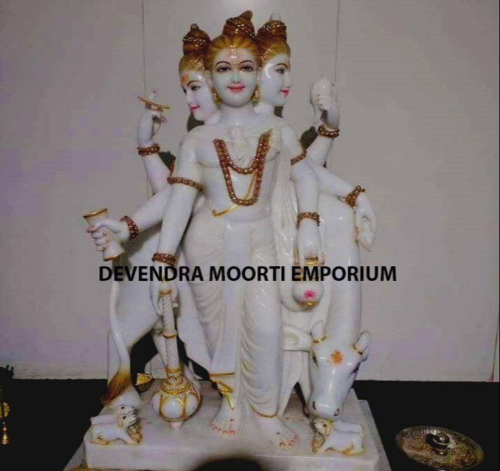 Pure White Makrana Marble Dattatreya Statue - Design Type: Customizable