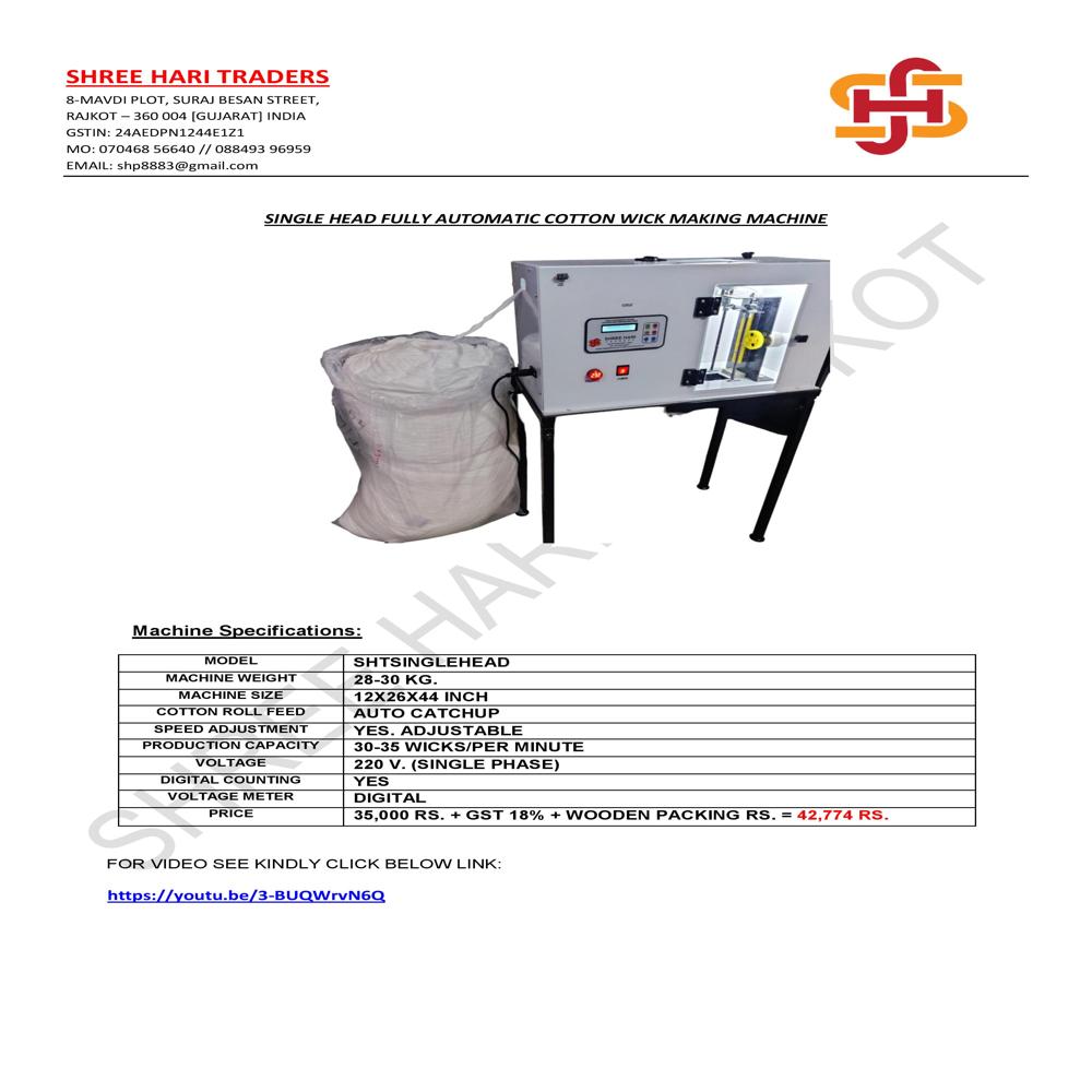 Fully Automatic Single Head Round Cotton Wick Making Machine - Durable Steel Build, Compact Design For Efficient Wick Production | Energy Efficient Operation, Precision Crafting