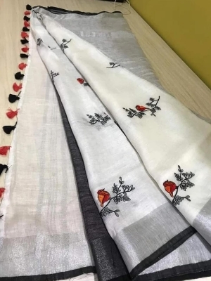 Pure Linen Embroidery Saree - Occasion: Party Wear