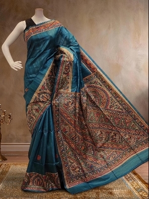 Pure Tussar Ghicha Hand Madhubani Saree - Material: Silk