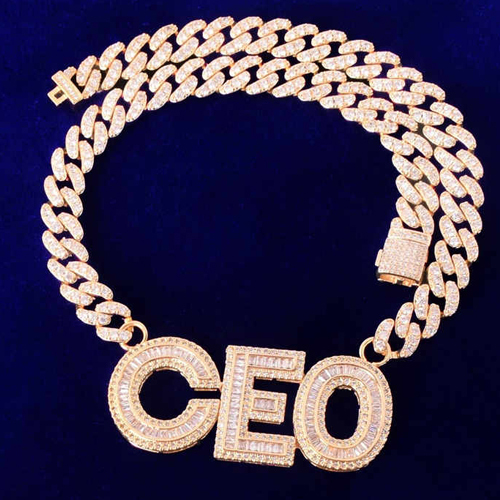 24K Gold Custom Name Baguette Flooded Ice Hip Hop Pendant Chain Necklace - Color: Different Available