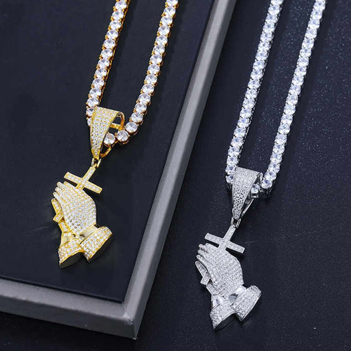 Mens Genuine Lab Diamond Prayer Hand Cross Pendant - Color: Different Available