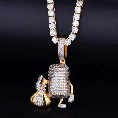 18K Gold .925 Silver Microphone Money Bag Hip Hop Pendant - Color: Different Available