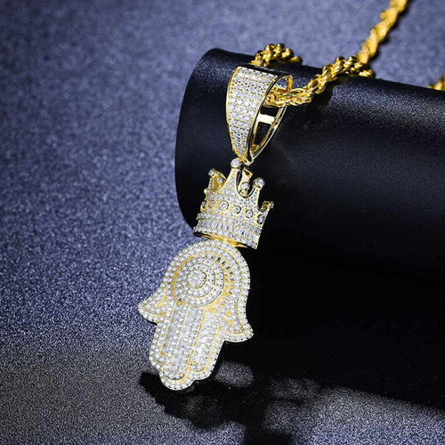 Iced Blinged Out Fatima Hamsa Hand Kings Crown 925 Silver Pendant - Color: Different Available
