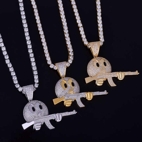 18K Gold .925 Silver Face Gun Pendant Chain Necklace Flooded Moissanite Pendants And Charms - Color: Different Available