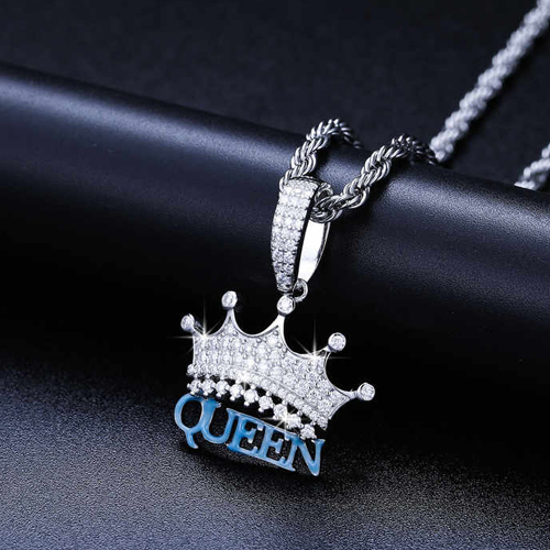 Solid 925 Sterling Silver Queen Iced Hip Hop Moissanite Pendant Necklace - Color: Different Available
