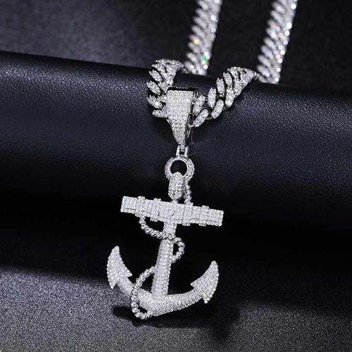 Mens Solid 925 Silver Hip Hop Anchor Chain Pendant Vvs Diamond Flooded Moissanite Necklace - Color: Different Available