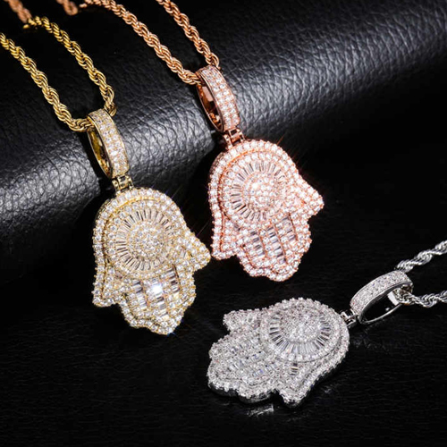 14K Rose Gold Hamsa Hand Pendant New Design Fatima Necklace - Color: Different Available