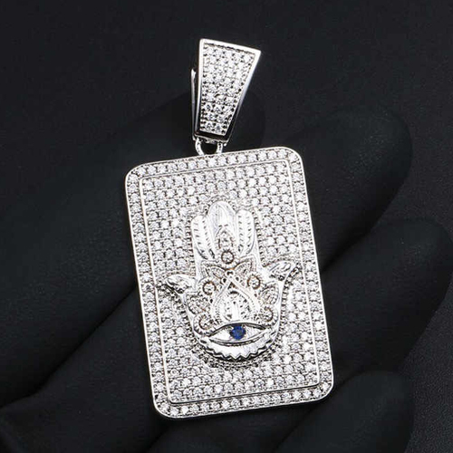 Iced Blinged Out Good Lucky Hamsa Hand Of Fatima Pendant - Color: Different Available