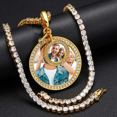 Iced out Circle Memory PhotoFrame Pendant Necklace