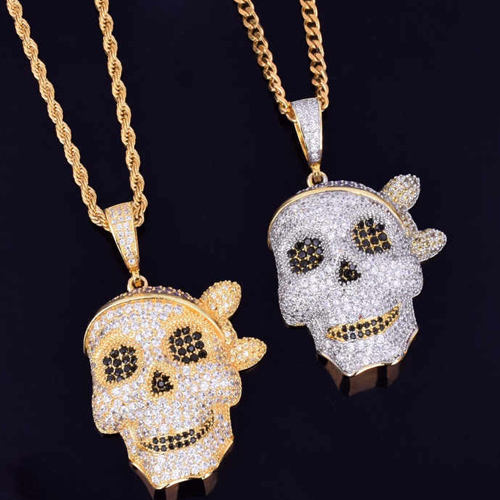18K Gold .925 Silver Bling Iced Out Lab Grown Moissanite Skull Face Pendant - Color: Different Available