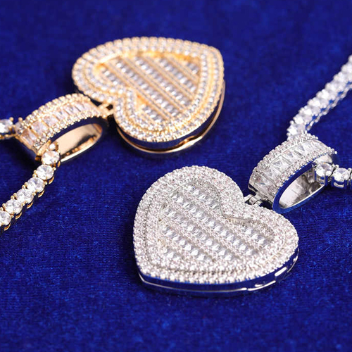 24K Gold And 925 Silver Heart-Shaped Baguette Memory Photo Picture Hip Hop Style Necklace - Color: Different Available