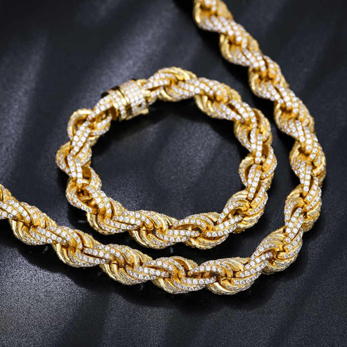 12Mm Iced Blinged Out Rope Link Sterling Silver Chain - Color: Different Available