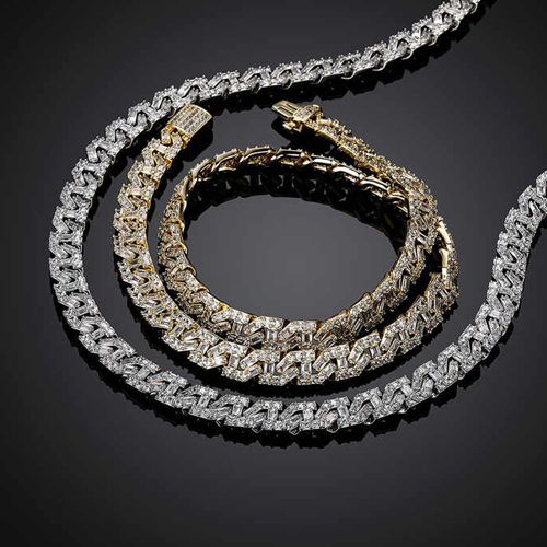 Designer 9Mm Cuban Link Hip Hop Moissanite Necklace With Flooded Ice Baguette - Color: Different Available
