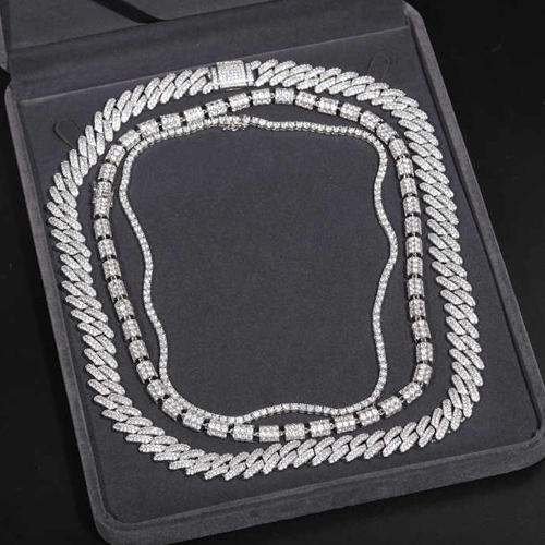 925 Solid Silver Hip Hop Style Moissanite Diamond Trio 3-Piece Cuban Barrel Tennis Chain - Color: Different Available