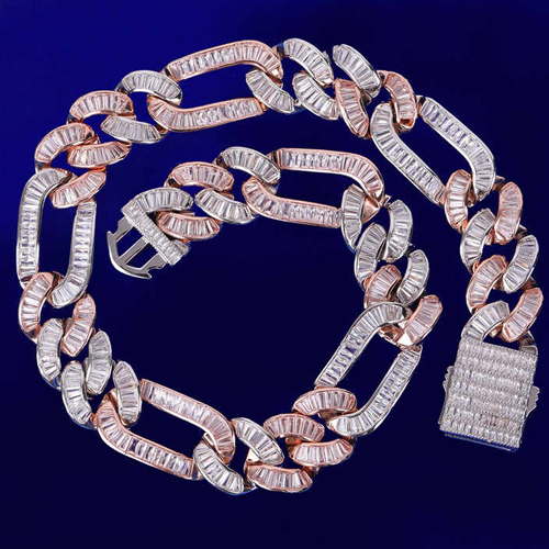 Diamond Link Chain Baguette Figaro Totally Iced Blinged out Moissanite Necklace