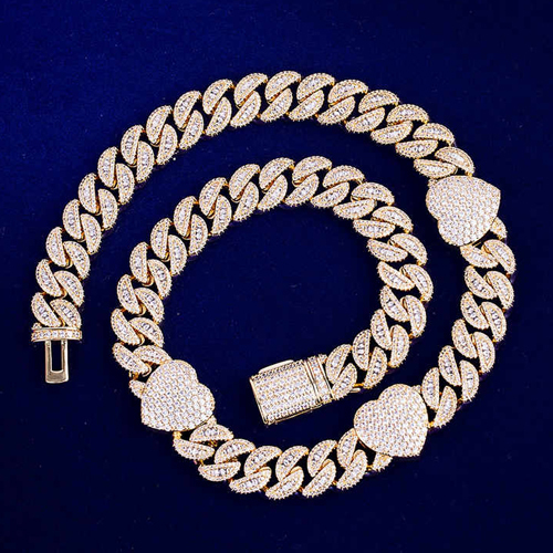 24K Gold & Silver Heart-Shape Cuban Link Chain