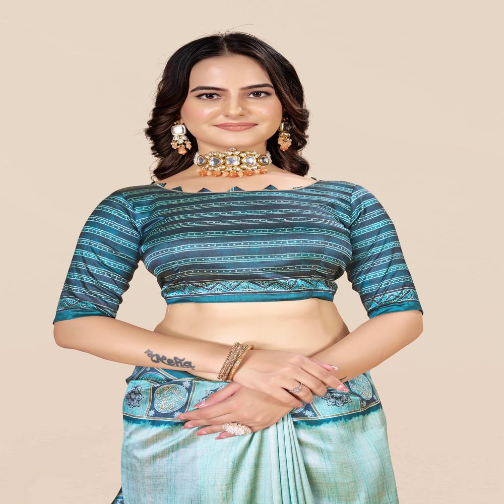 Block Print Saree - Color: Sky Blue