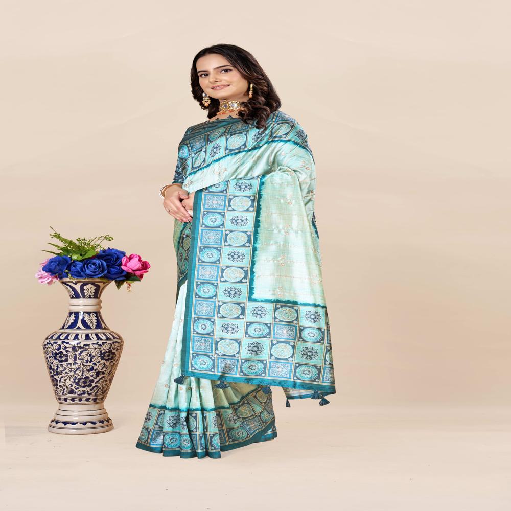 Block Print Saree - Color: Sky Blue
