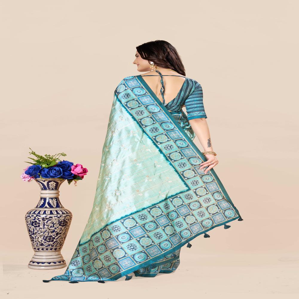 Block Print Saree - Color: Sky Blue