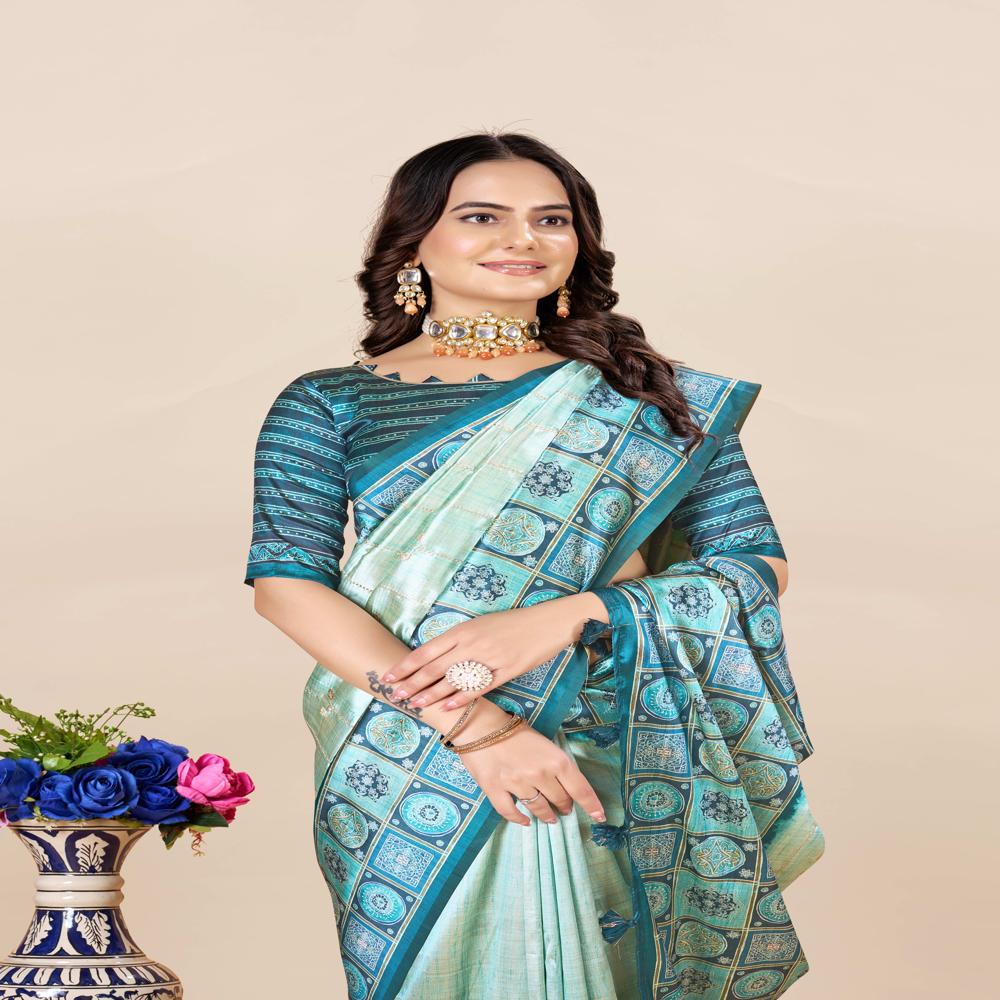 Block Print Saree - Color: Sky Blue