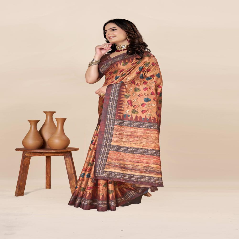 Brown Floral Printed Saree