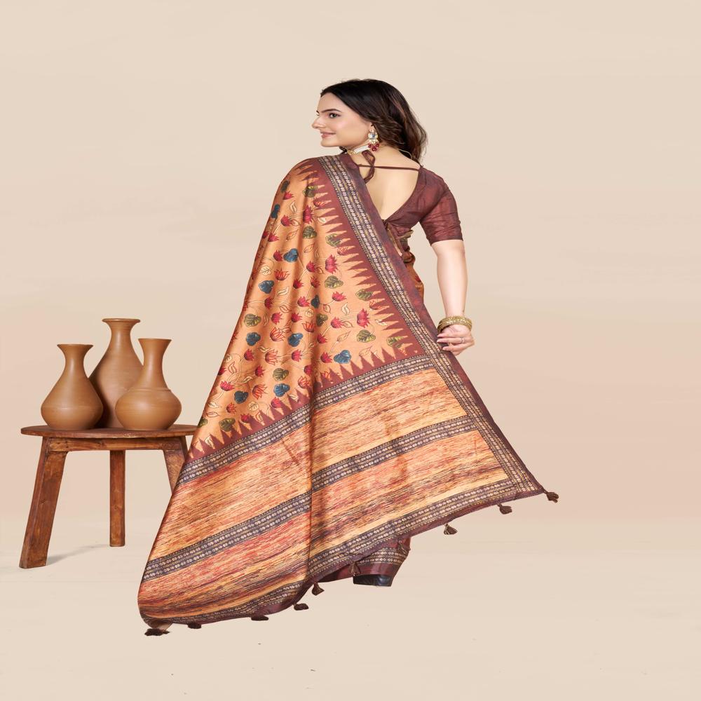 Brown Floral Printed Saree